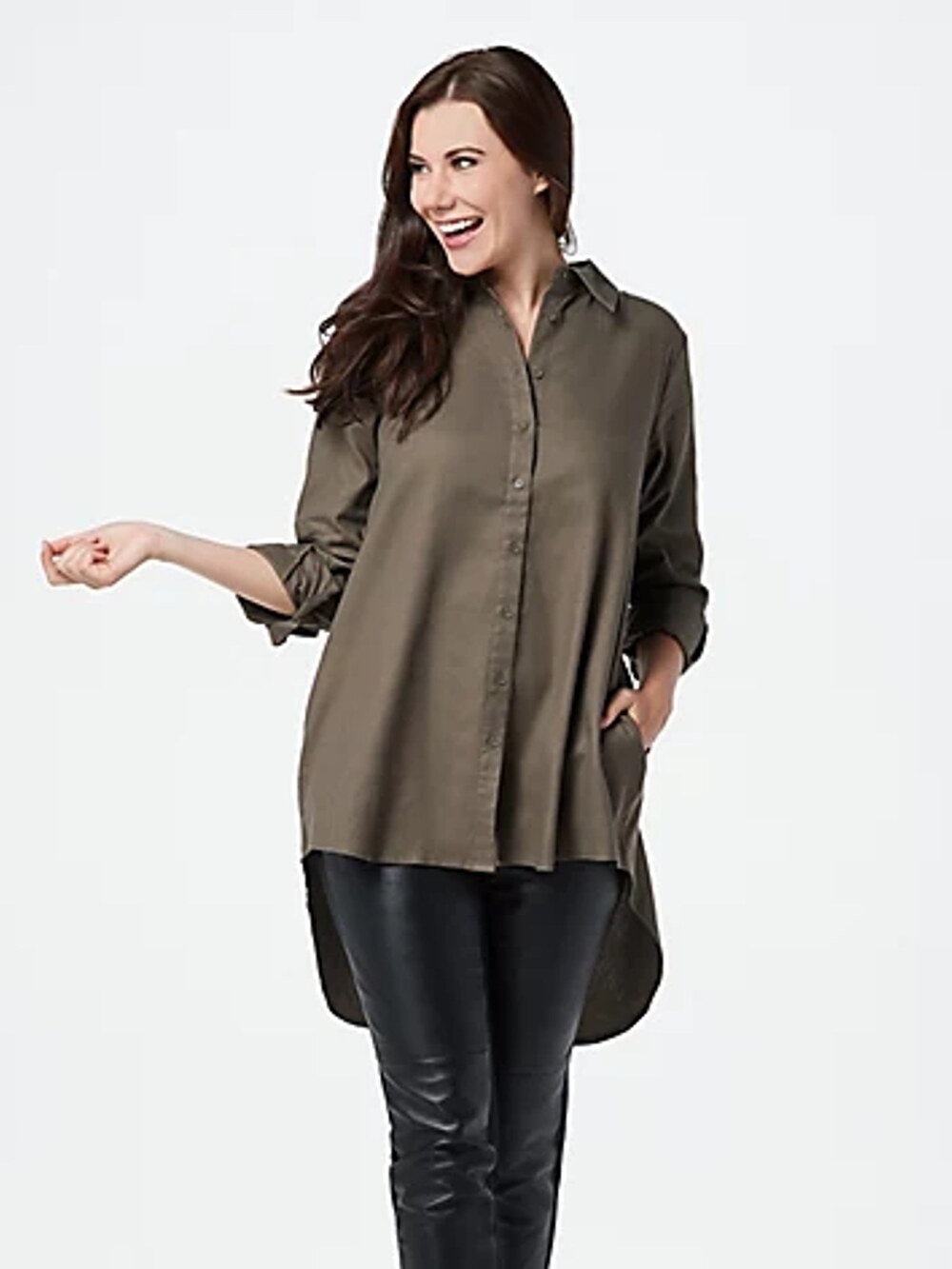 Lisa Rinna Collection Solid Button Front Hi-Low Top Long Sleeve Mocha XS